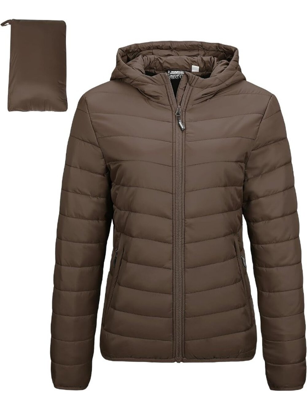 Womens Brown Solid Packable Hooded Full-Zip Warm Winter Quilted Puffer Jacket